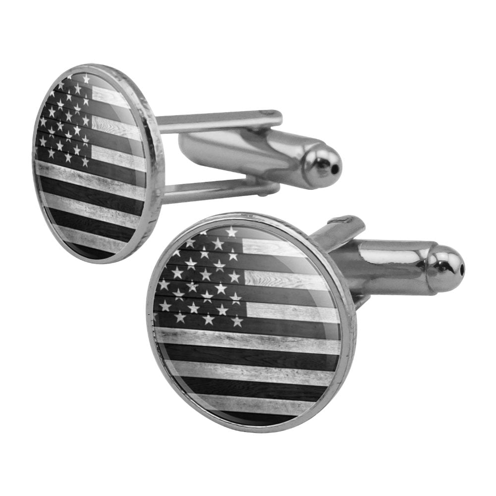 Rustic Subdued American Flag Wood Grain Design Round Cufflink Set Silver Color