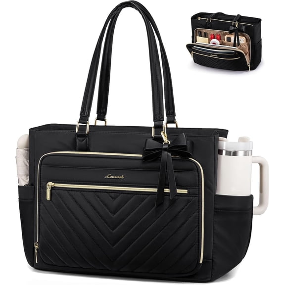 Teacher Tote Bag for Women, Work Laptop Bag Gift with Large Cup Holder, Quilted Nurse Bag Diaper Tote with Multi-Pockets, Large Computer Handbag Purse for Bussiness Travel, Office, College