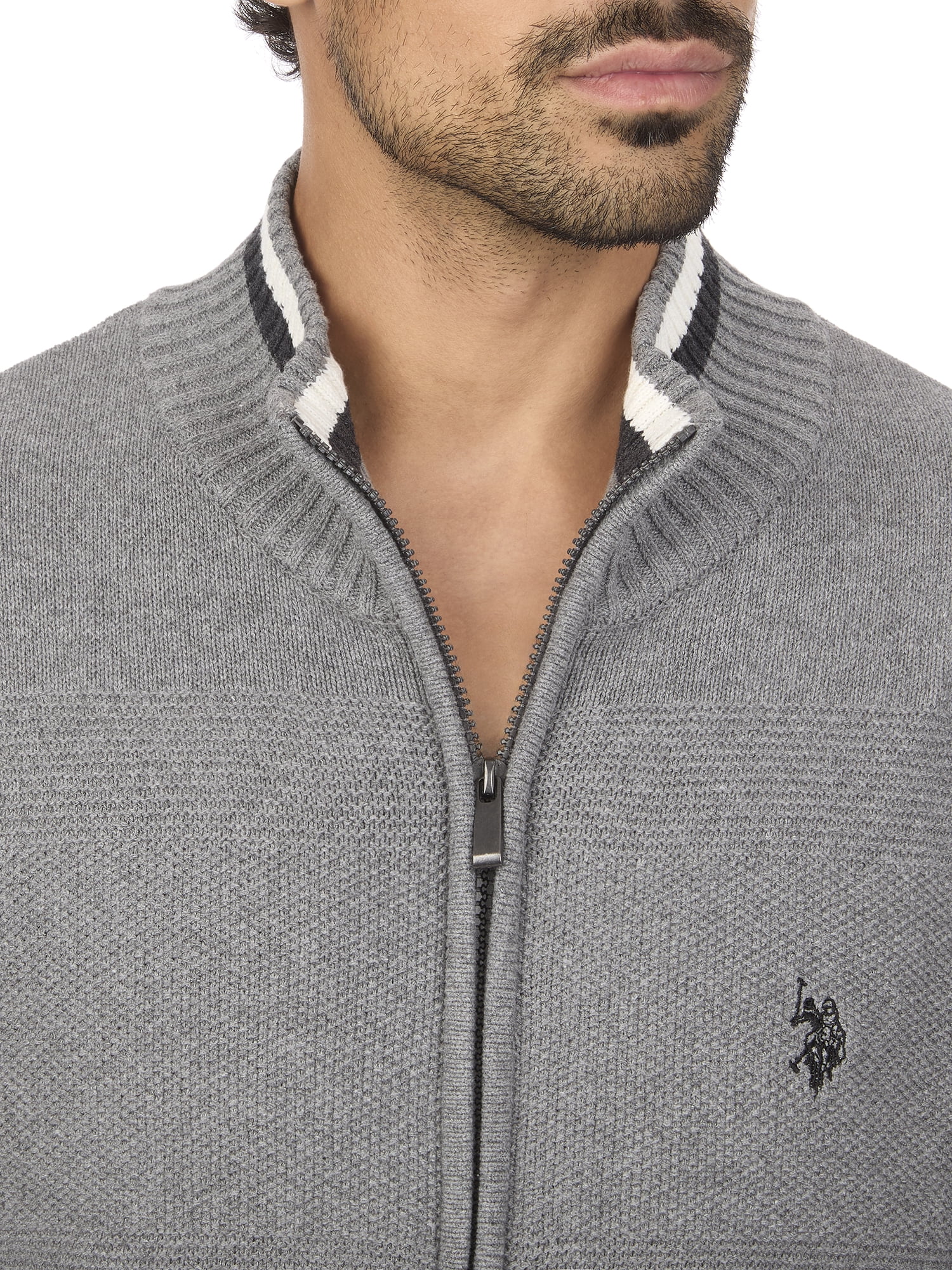 U.S. Polo Assn Men's Textured Chest Stripe Full-Zip Sweater