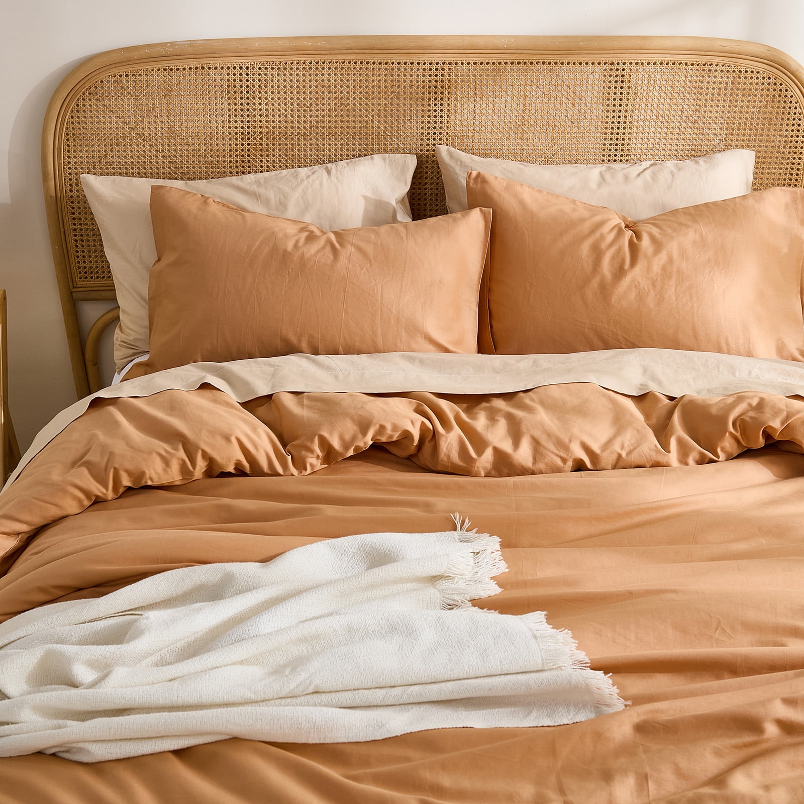 100% Washed Cotton Duvet Cover –Burnt orange, Linen-Like Texture, Super Soft & Breathable Bedding Set, 3-Piece Durable Percale Comforter Cover