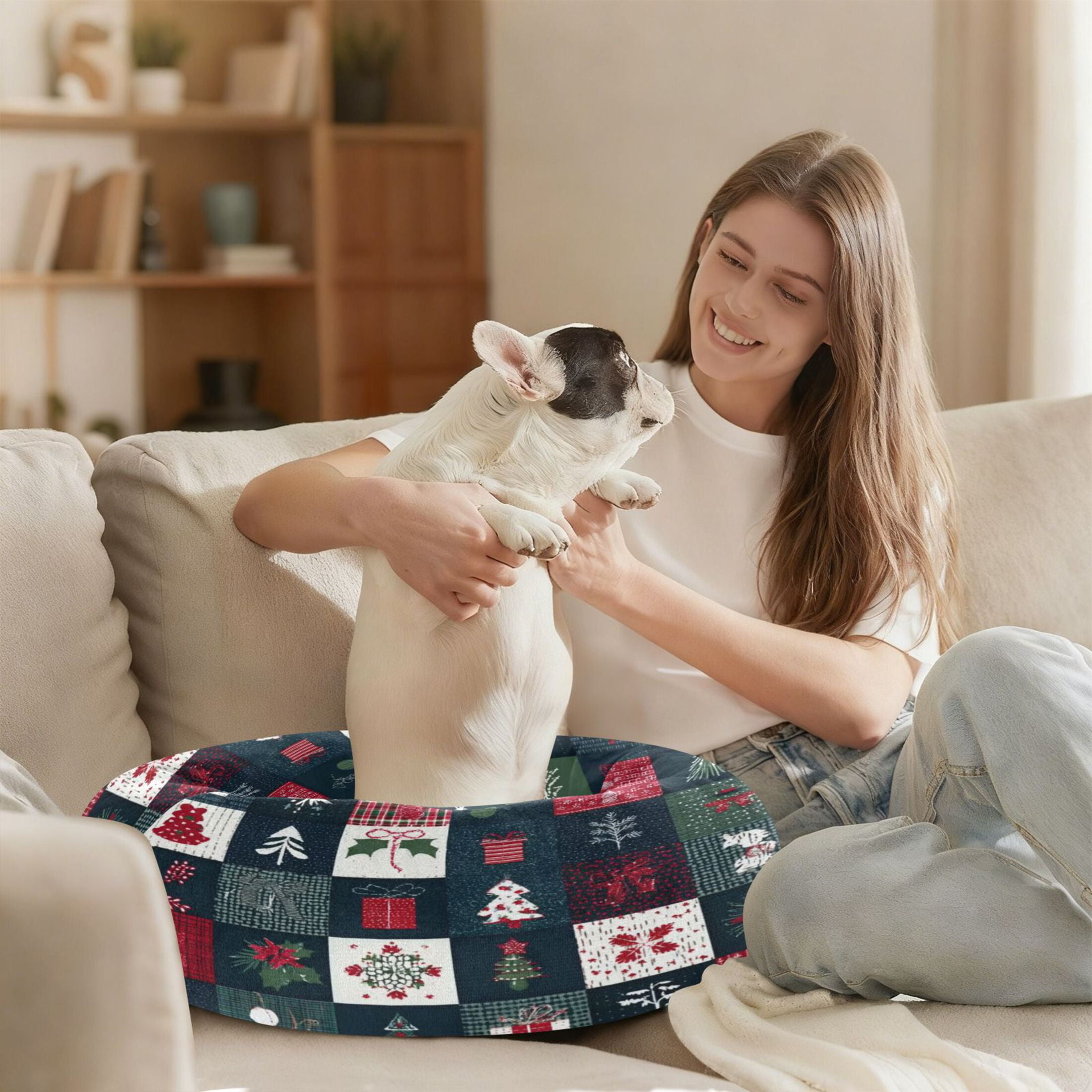 Iauyy Pet Couch Donut Cat Bed for Indoor Cats/Small Dogs Washable & Machine with Non-slip Bottom Calming Cat Furniture, Three-color Christmas Symbol (M)