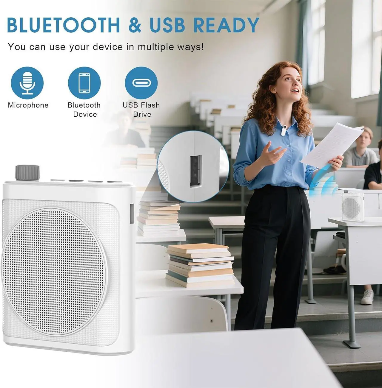 15W Wireless Voice Amplifier with 2 Magnetic Lavalier Mics & Noise Reduction - Bluetooth 5.3 PA System for Teachers, Tour Guide, Yoga - 15H Rechargeable Battery, Waist-Mount Design (White) Black