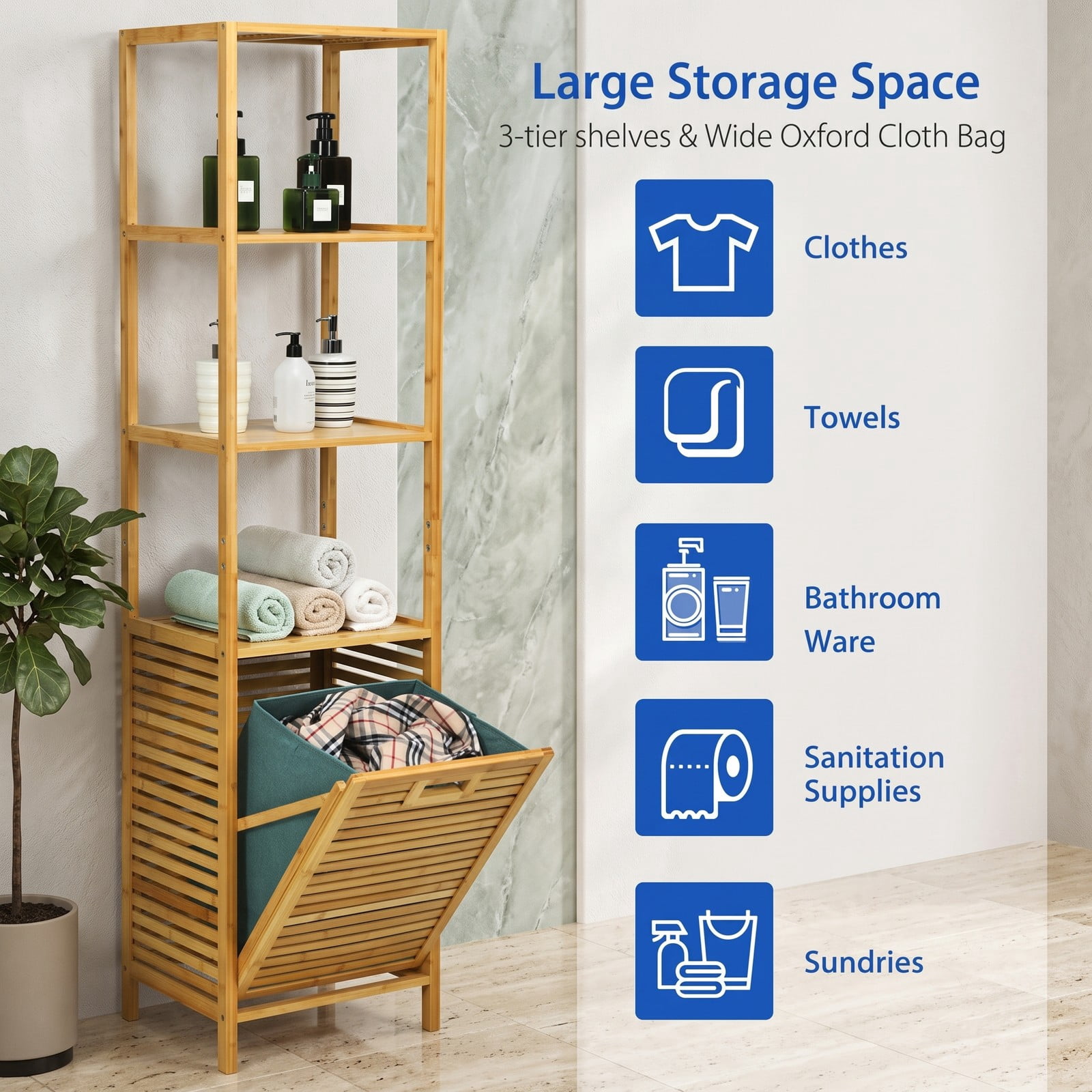 Fenbeli Bamboo Tower Laundry Hamper Organizer with 3-Tier Storage Shelves, Tilt-Out Oxford Basket, 2-in-1 Freestanding Bathroom Linen Cabinet for Closet, Natural