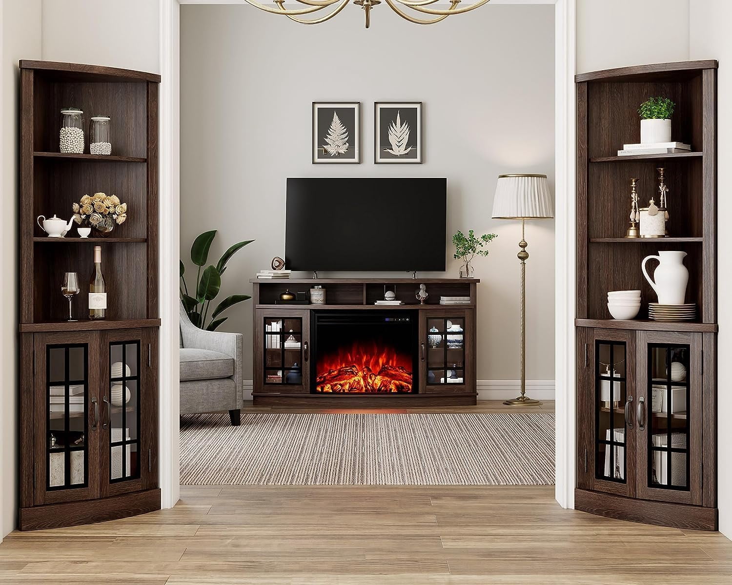 VANACC Curved Fireplace TV Stand with 26" Fireplace, Console Table for TVs up to 65", Espresso