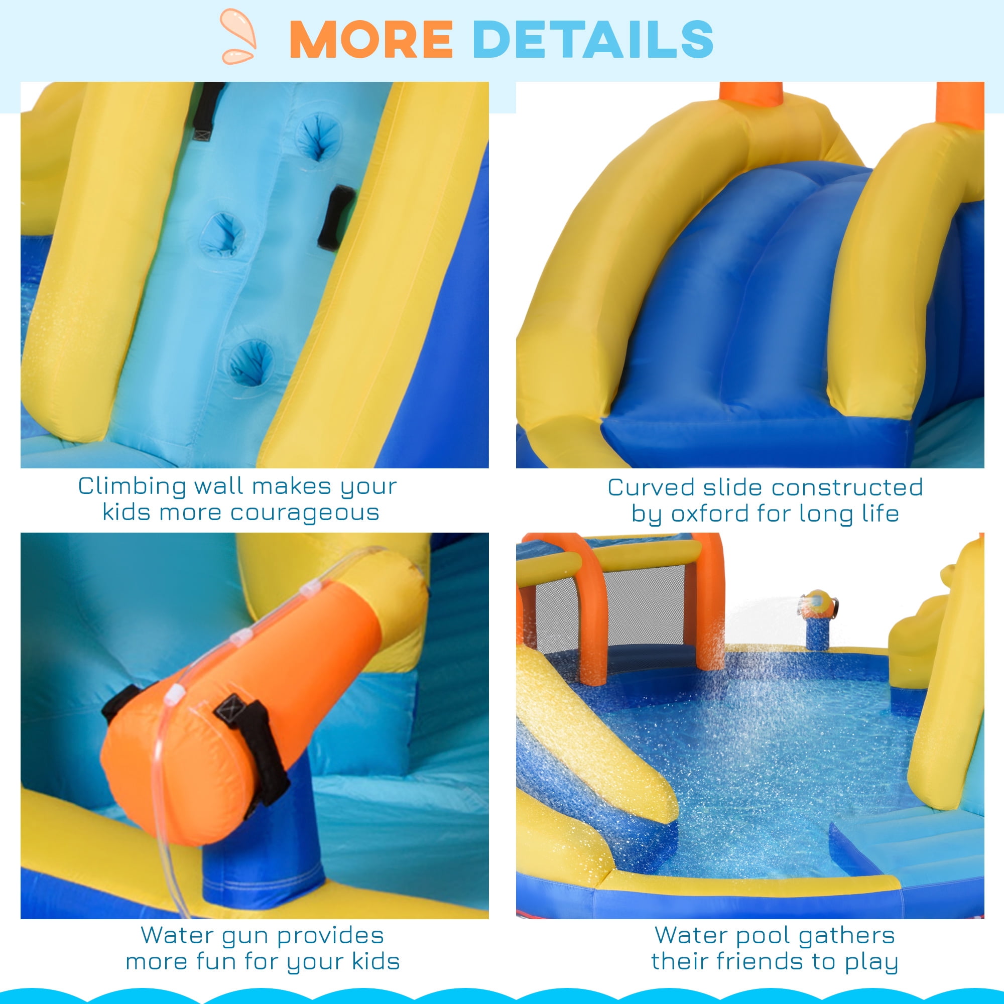Outsunny 6-in-1 Inflatable Water Slide Kids Bounce House Jumping Castle Includes Slide Basket Pool Water Gun Climbing Wall Tunnel with Carry Bag, Repair Patches and 750W Air Blower