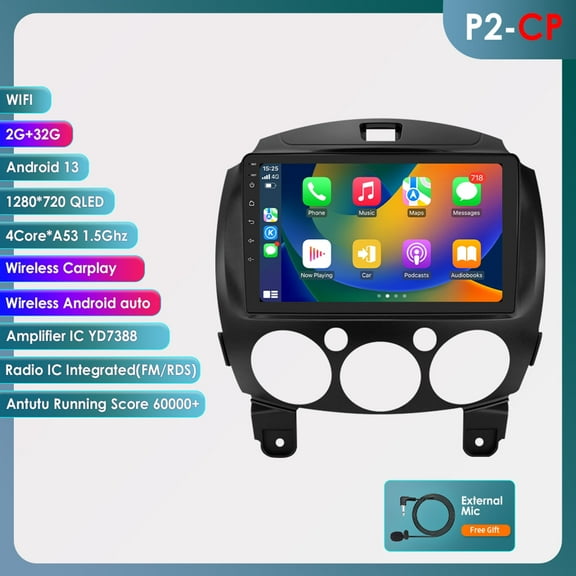 Ossuret Android 13 Bluetooth Apple CarPlay 2 32GB Wifi AUX Car Stereo Radio Head Unit Multimedia GPS Navigation Player For Mazda 2 2007 2008 2009 2010 2011 2012 2013 2014