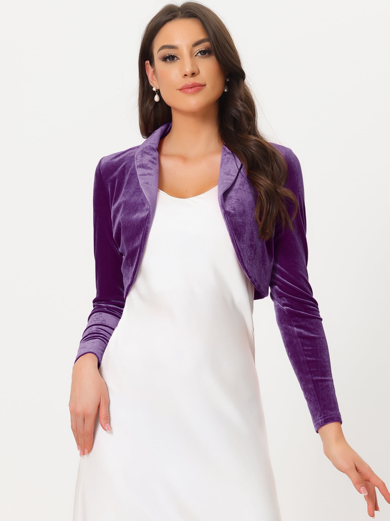 Unique Bargains Women's Open Front Long Sleeve Collar Shrug Cocktail Bolero Cardigan S Purple