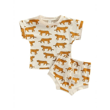 

Suanret Infant Newborn Boy Girl 2PCS Streetwear Set Leopard Pattern Print Short Sleeve T-shirt Tops Elastic Drawstring Waist Shorts Beige 3-6 Months