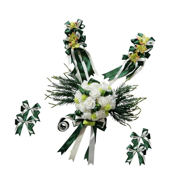 12 Pieces Wedding Car Decorations Kit Silk Flower Wedding Decorations Wedding Ribbon Bows Set Green