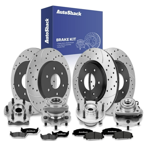 AutoShack Front Vented & Rear Solid Drilled & Slotted E-Coated Brake Rotors   Ceramic Pads   Hub Bearing Assembly 16-PC Brake Kit Replacement for 2008 Nissan Armada ShadowGuard