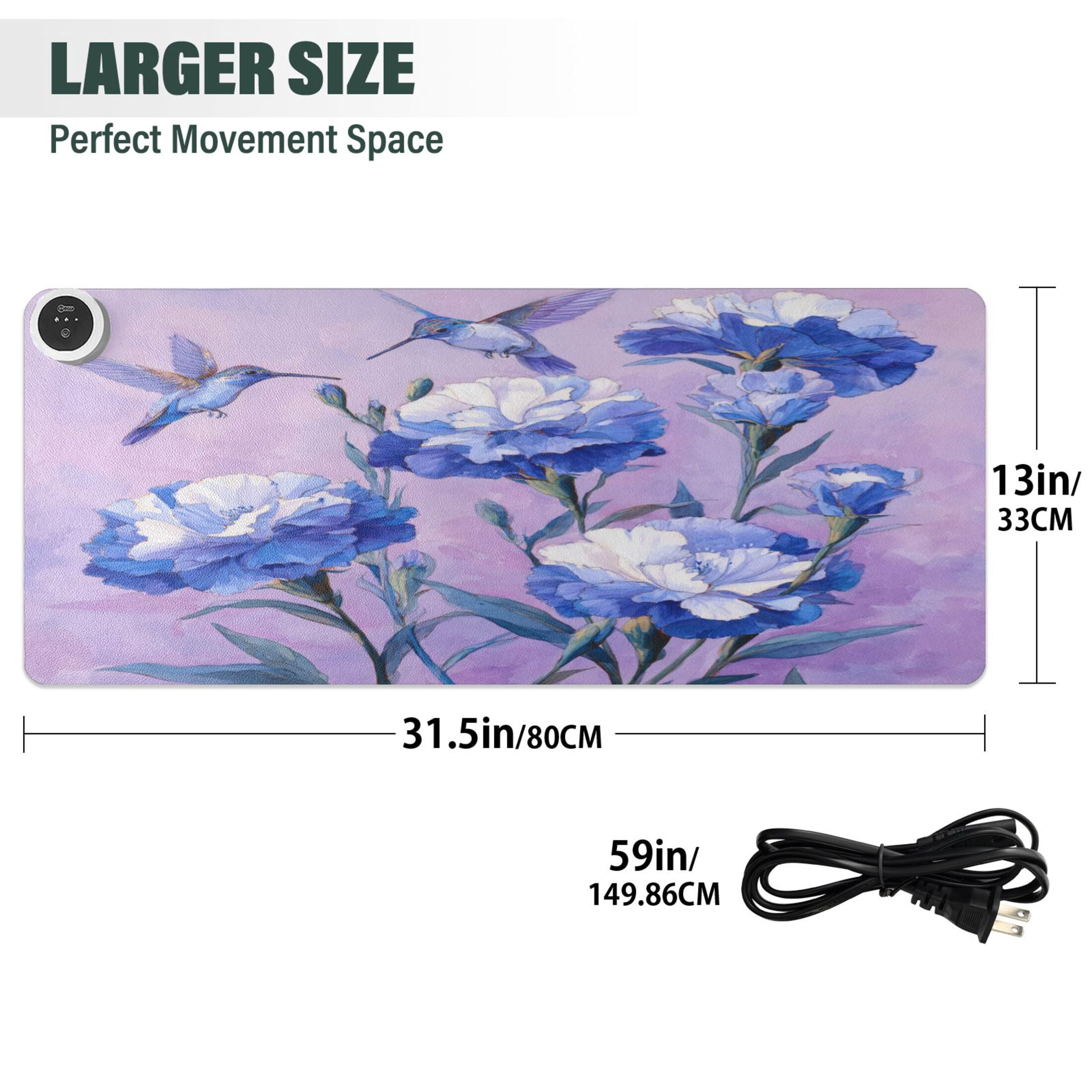 Large Heated Desk Mat Mouse Pad 31.5"x13"PU Leather Graphene Heating Desk Warmer with 3 Temperature Settings 110V US Plug Non-Slip Warm Pad for Home, Office, and Gaming Birds and Deep Blue Flowers