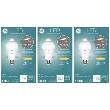 (3 bulbs) GE LED  Motion Sensing LED Light Bulb, 12 watts, 1100 lumens, 75 watt replacement, warm white, lights automatically when motion is detected, LED A21 Light Bulb