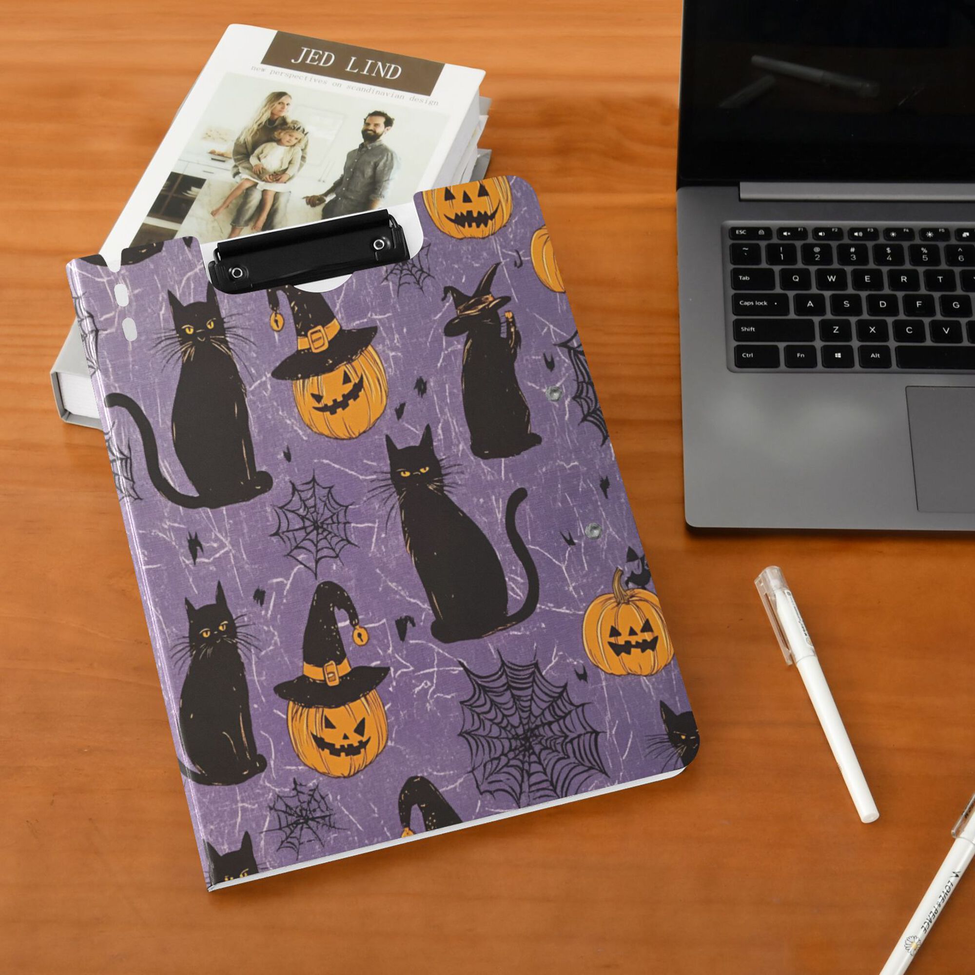 FORMRS A4 Clipboard Folder with Pen Holder Horizontal Foldable School Office Binder, Purple Halloween Black Cat