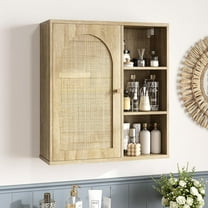 Rattan Bathroom Wall Cabinet, Boho Medicine Cabinet with Aeched Door and 3 Open Shelves, Over The Toilet Space Saver Storage Wall Mounted for Kitchen, Laundry, Dining Room, Natural