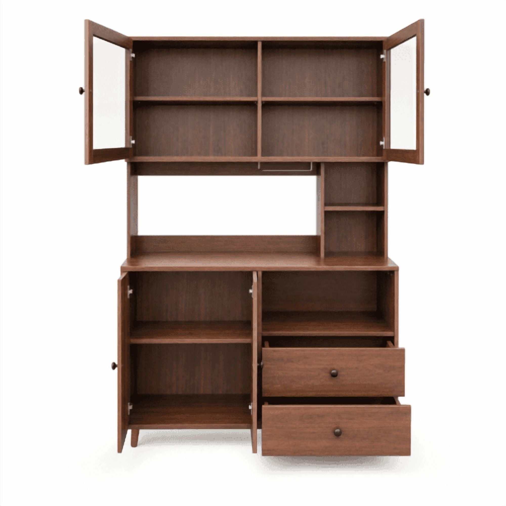 Modern Kitchen Buffet Hutch Cabinet with Glass Doors, Large Pantry Storage Cupboard with Microwave Stand and Drawers, Sideboard for Dining Room, Walnut