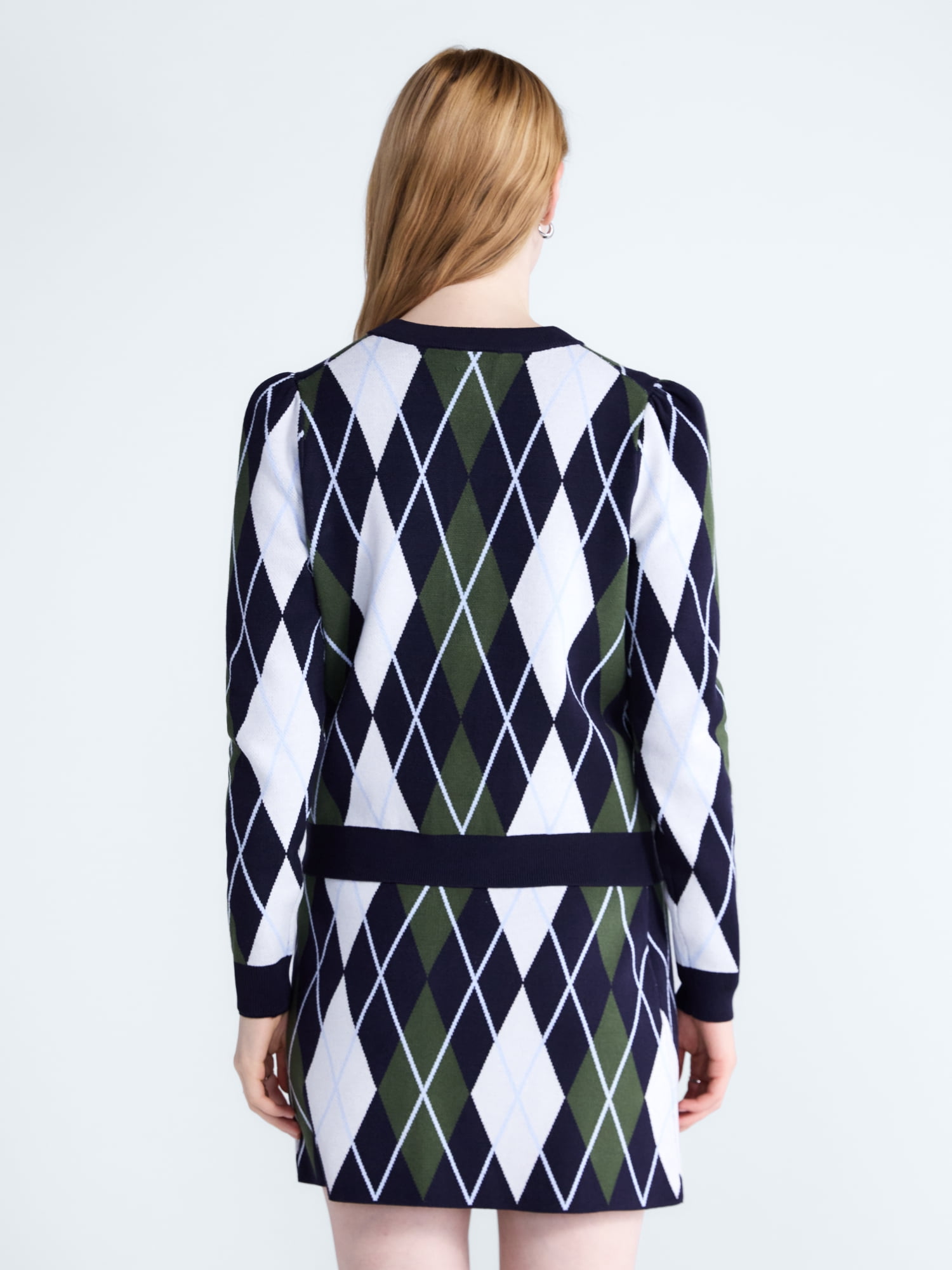 Free Assembly Women's and Women's Plus Argyle Cardigan Sweater with Puff Sleeves, Midweight, Sizes XS-4X