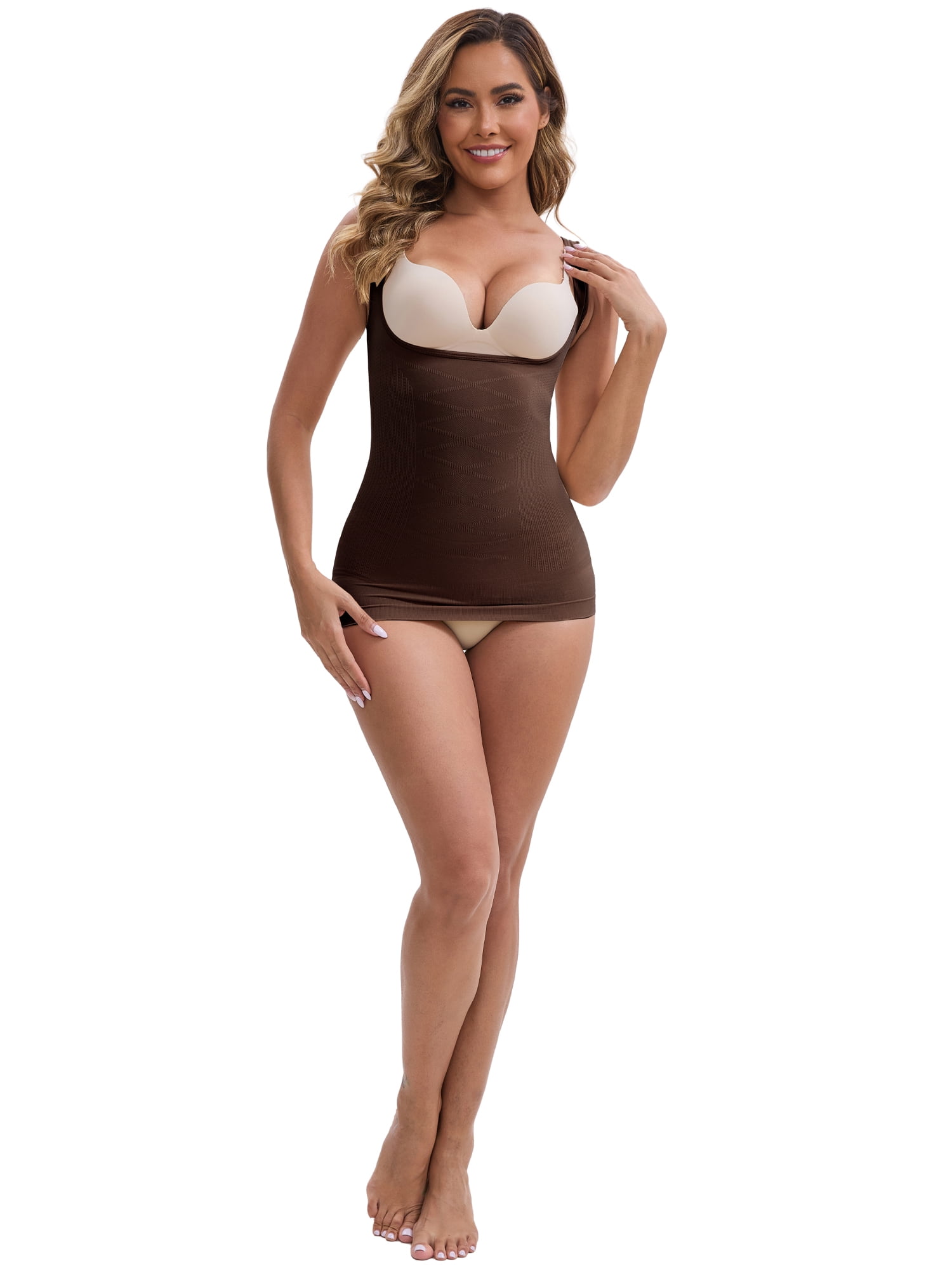 DARING DIVA Women's Seamless Shapewear with Open Bust and Tummy Control L Dark Brown