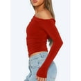 thumbnail image 3 of Women'S Casual Long Sleeve Boat Neck Off Shoulder Slim Fit Crop Top Going Out Blouses Y2K Tight Shirts Red S, 3 of 5