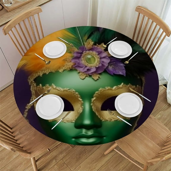 HAOXIT Mardi Gras Tablecloth, Hand Writing Calligraphy Design on Pattern Iconic Colors, Round Table Cover for Dining Room Kitchen Decor