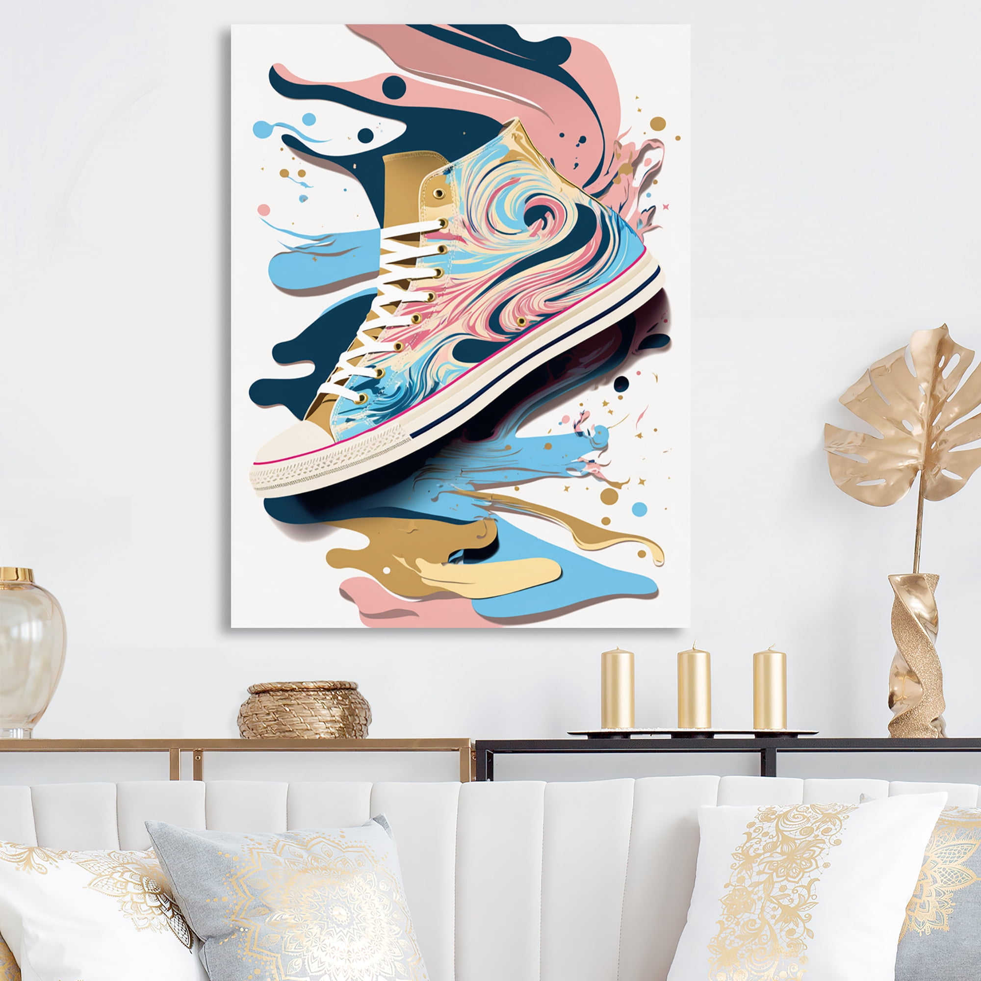 Designart Pink And Blue Art Deco Sneaker Shoe Canvas Wall Art