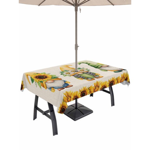 Outdoor Tablecloth with Umbrella Hole for Patio/Picnic/Party/Camping, Sunflowers Gnomes Waterproof Table Cloth Rectangle Table Cover Washable, Rustic Summer Botanical Budding Flowers (54"x 80")