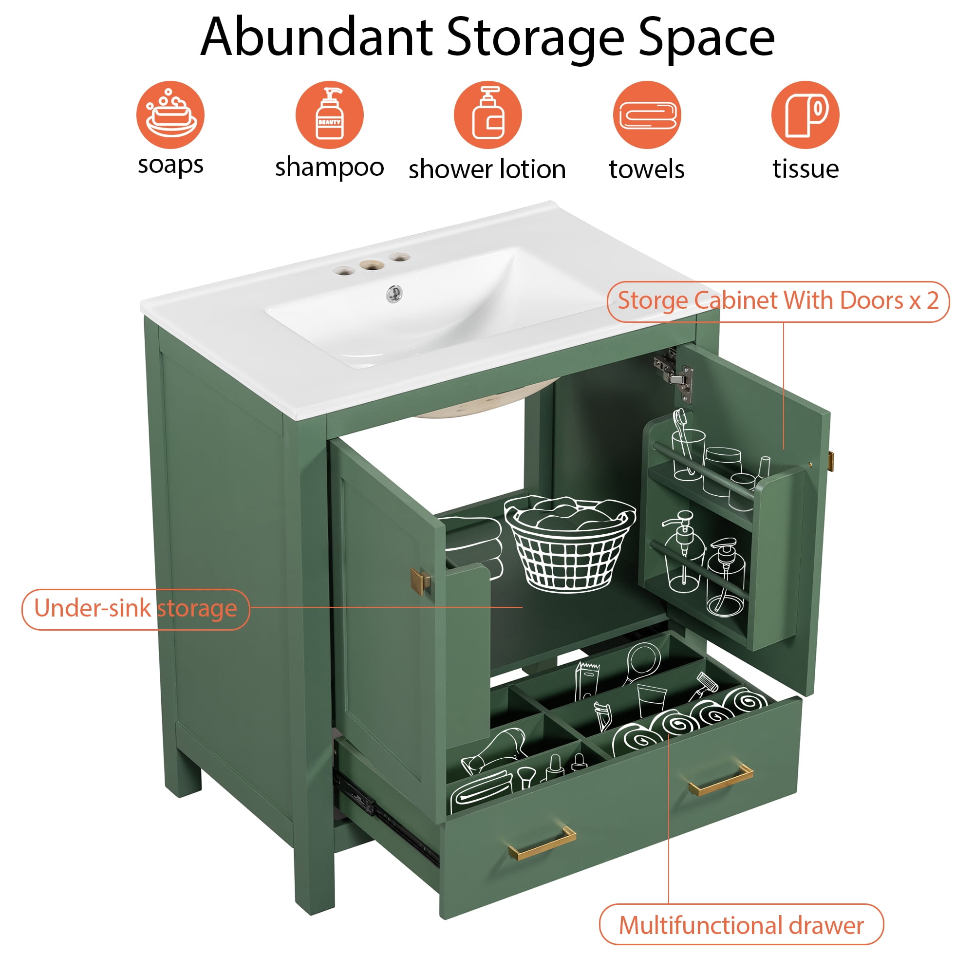 Euroco 60" Green Bathroom Vanity Set with Double Vanities (Separate), Double Ceramic Sinks, Storage Shelf, and Divided Drawers (Mirror not included)– Modern Bathroom Solution for Spacious Bathrooms