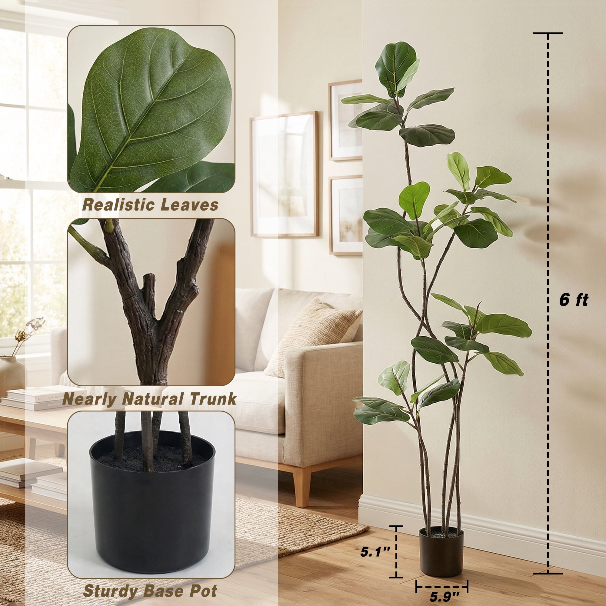 Easy4Home 6FT Artificial Plant Fake Ficus Tree Potted Indoor Faux Floor Plant for Home Office Decor