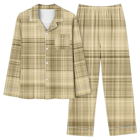 LIaqionyy Pajama Sets for Women 2 Piece Button Down Sleepwear Sleep Set Wide Leg Long Pants Plaid Sleepwear Lounge Set