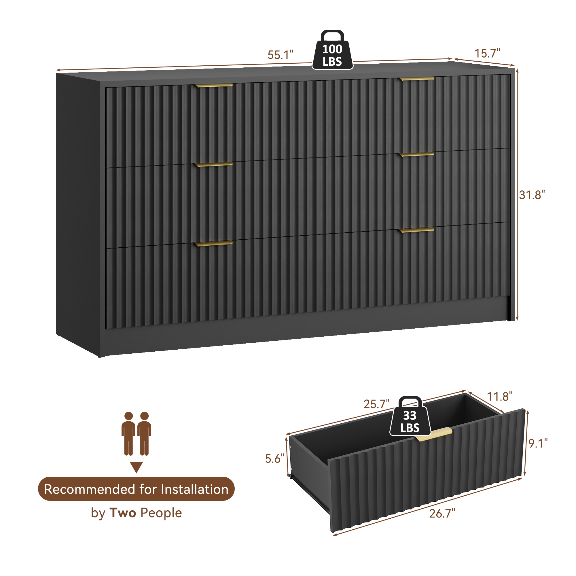 YouTrend 6 Drawer Dresser for Bedroom,55.1"Width Fluted Wood Chest of Drawer with Golden Embedded Handles for Living Room,Black