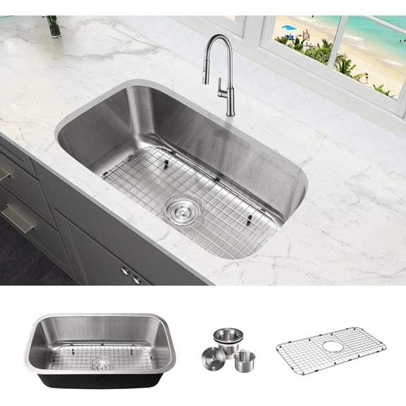 KABCO 30 Inch Single Bowl Undermount Stainless Steel Classic Kitchen Sink with Kitchen Sink Strainer, Bottom Sink Grid, Rust or Corrosion Resistant, Sound and Heat Proof Swirl Finish Sink