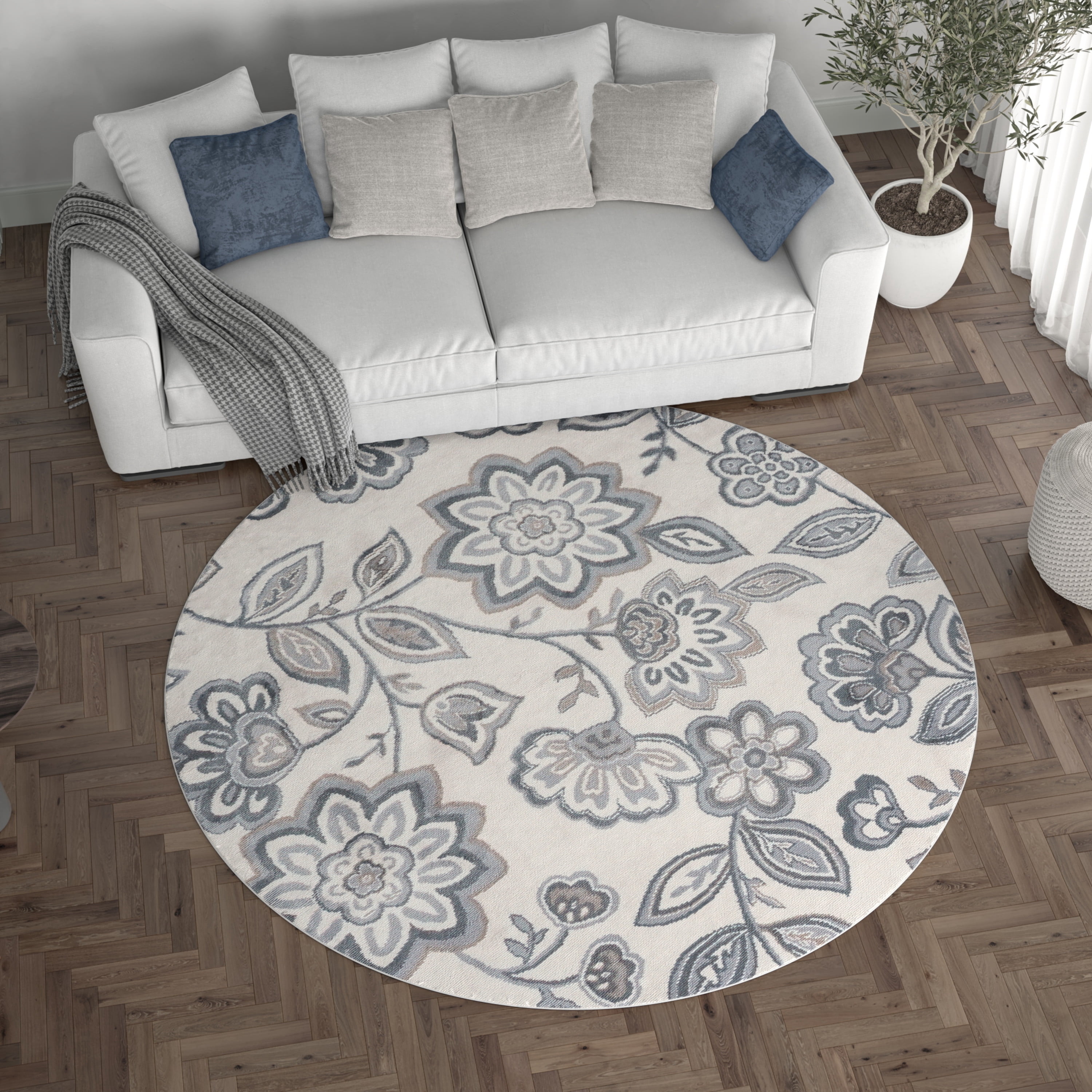 Madison Transitional 5' Round Cream and Gray Polypropylene Indoor Area Rug