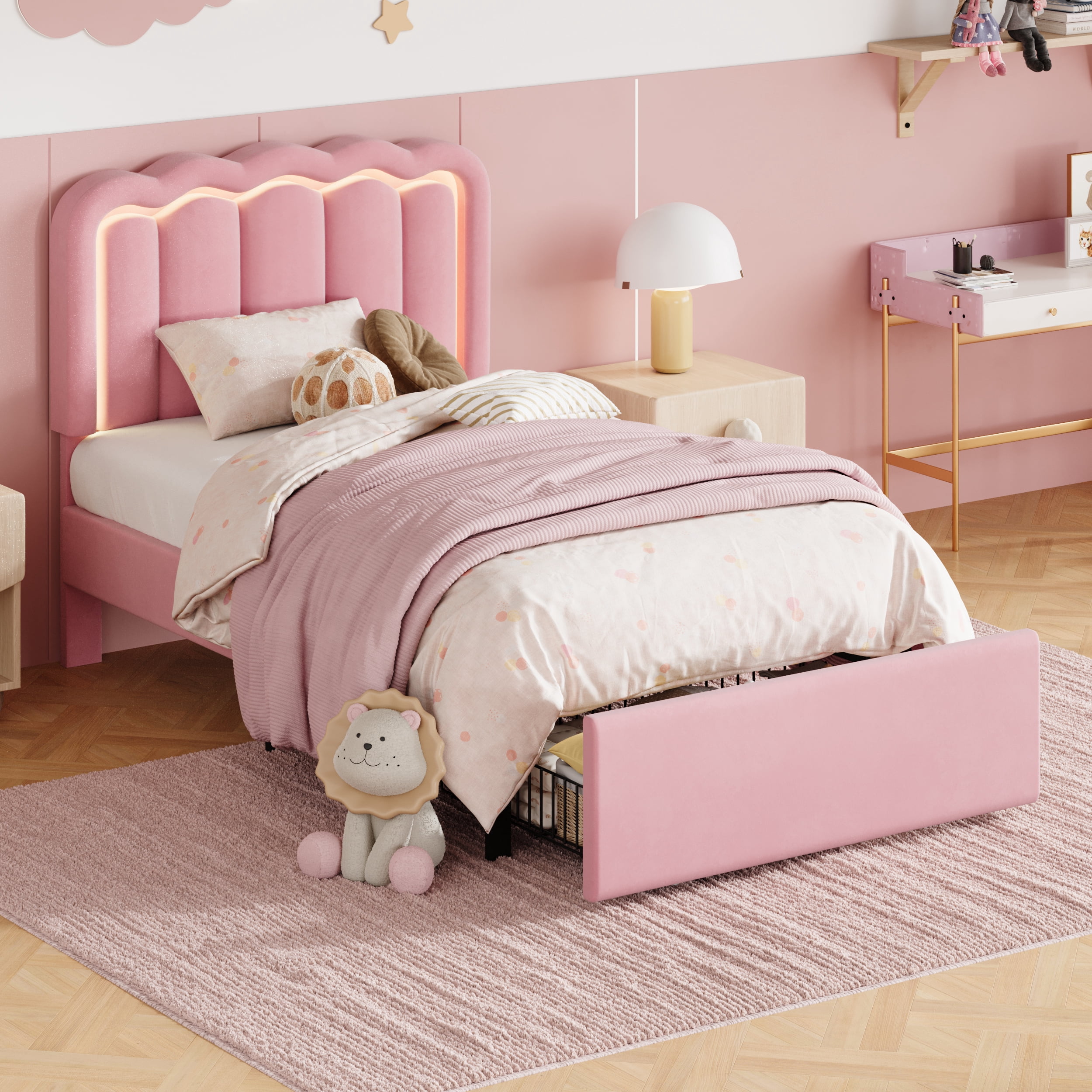Amolife Twin Size LED Bed Frame with Drawer, Platform Bed with Velvet Upholstered Adjustable Wavy Headboard, Pink