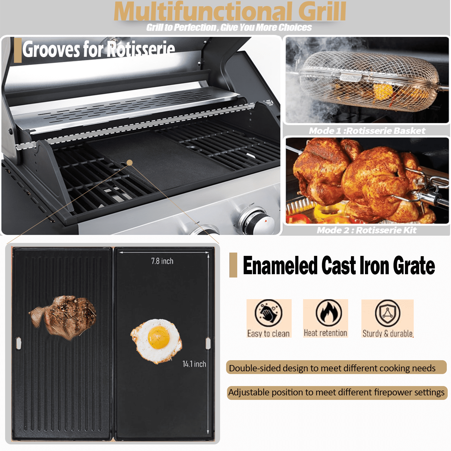Seizeen 4 Burner Outdoor BBQ Grill with Side Burner, 46,790BTU Propane Gas Grill Stainless Steel, 2-IN-1 Enameled Cast Iron Grid & Frying Plate, High Lid, for Patio and Garden Cooking