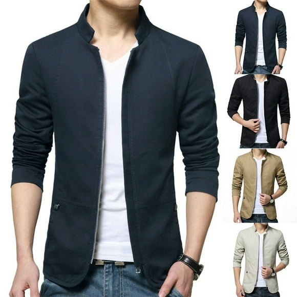 AMERTEER Casual Men Autumn Solid Color Stand Collar Zipper Pockets Thin Slim Blazer Coat