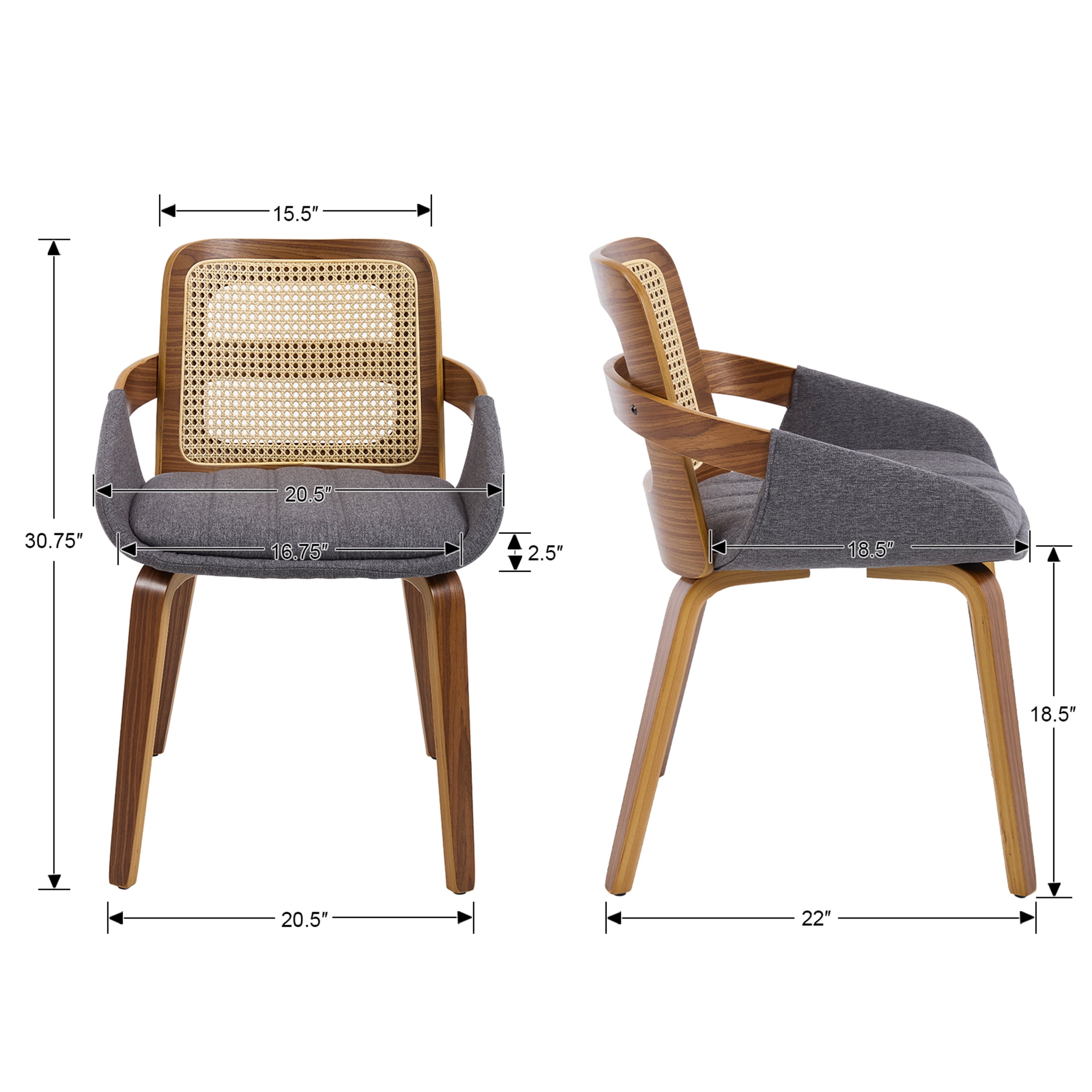 Guyou Modern Rattan Dining Chair Set of 2, Solid Wood Dining Side Chairs, Linen Upholstered Kitchen Chairs with Armrests for Kitchen Dining Room Living Room, Grey