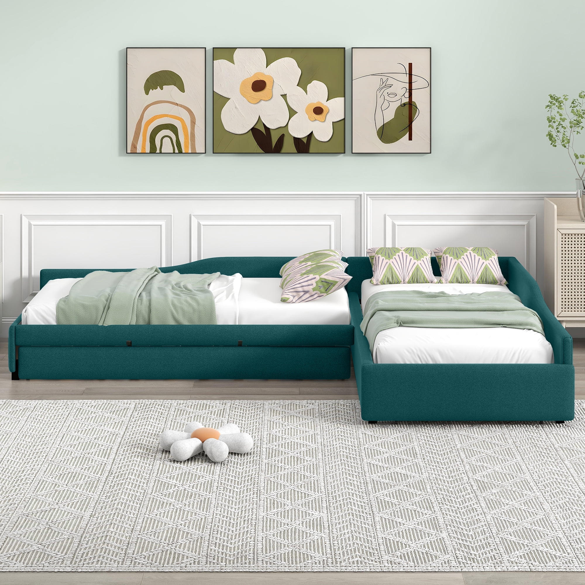 Euroco Modern Upholstered Twin Daybed with Storage Drawer and Trundle for Living Room, Green