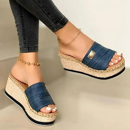 

〖Yilirongyumm〗 Blue 41 Slippers For Women Fashion Shoes Summer Causal Flip Flops Wedges Women s Slipper