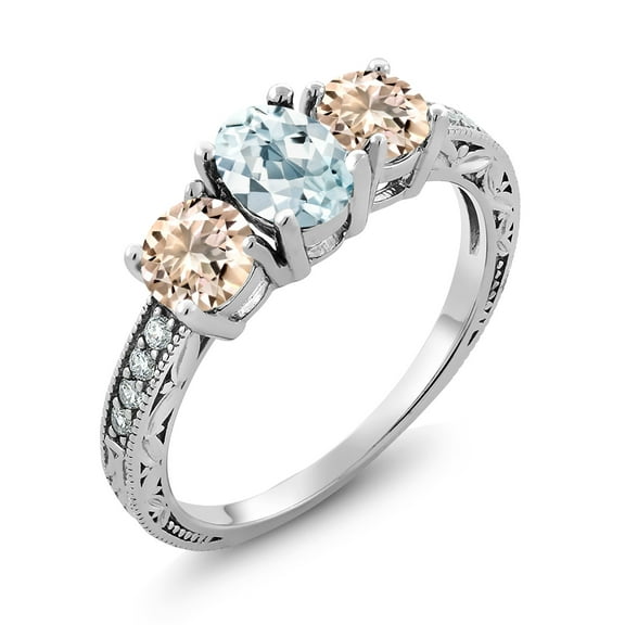 Gem Stone King 1.67 Ct Oval Sky Blue Aquamarine Peach Morganite 925 Sterling Silver Moissanite Ring (Size 7)