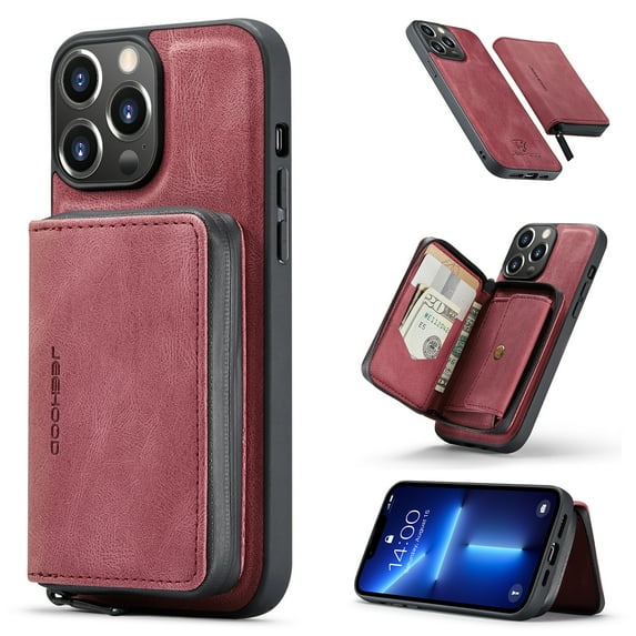 ELEHOLD Luxury Multi-Functional Wallet Case for iPhone 12 Pro Max Leather Purse Case with Detachable Card Slots Zipper Pocket Kickstand Function Shockproof Protective Case,Red