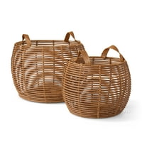 MoDRN Naturals Poly Rattan Basket with Leather Handle, Set of 2