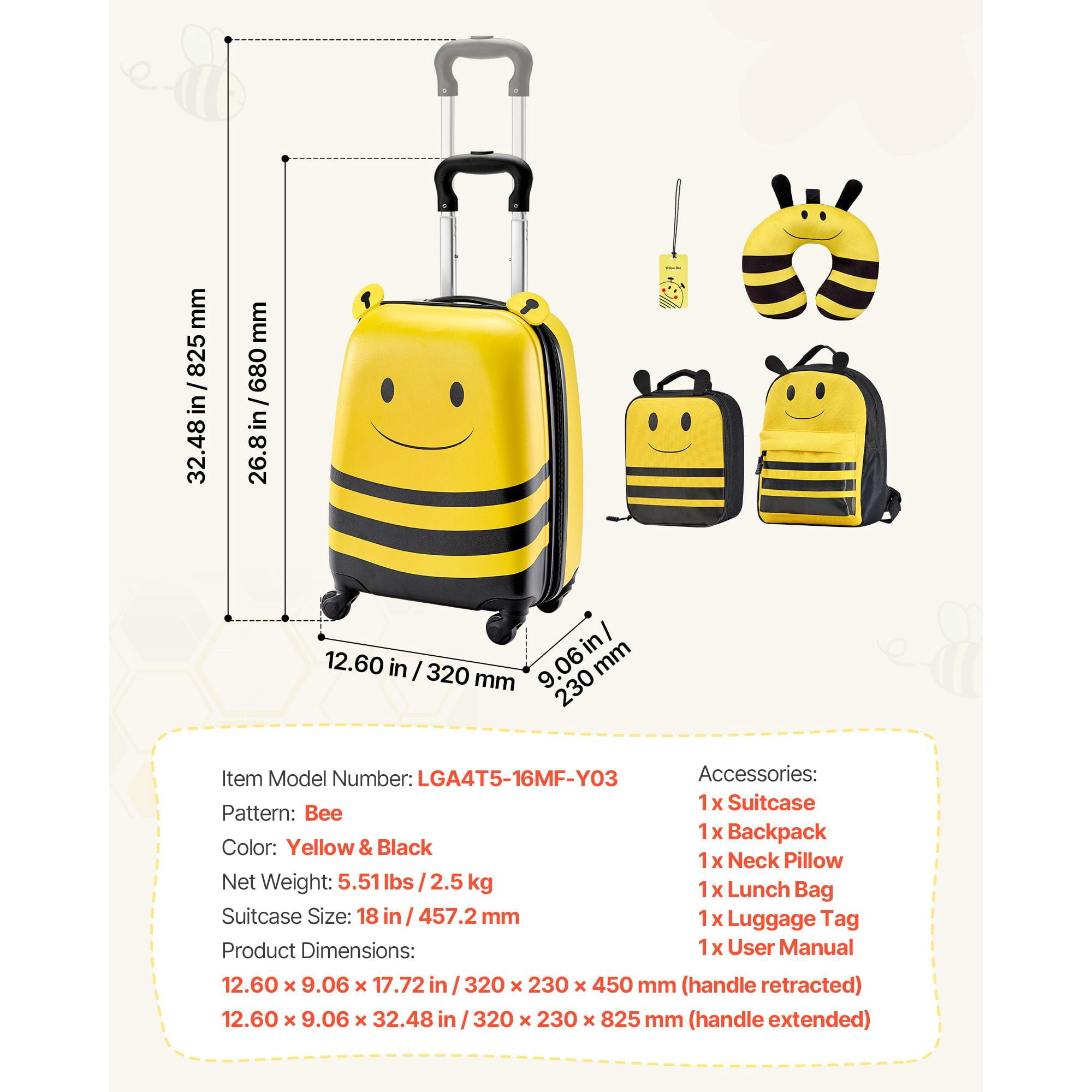Kids Luggage Set, 5 Piece, 18 Inch Hardside Rolling Wheels Suitcase with Backpack & U-shape Pillow, Bee Kids Carry on Luggage Set, Holiday Birthday Gift for Girls Boys, Airline Approved