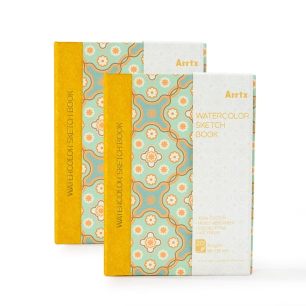 Arrtx Paquete de 2 Cuadernos de Bocetos de Acuarela, 100% Algodón 140 Lb/300 Gsm Prensado en Caliente Libre de Ácido Papel de Acuarela, 20 Hojas 5.35 x 3.86'' Cuaderno Diario de Acuarela