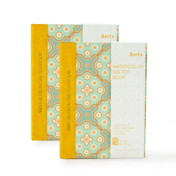 Arrtx 2Pack Watercolor Sketchbook, 100% Cotton 140lb/300gsm Hot Pressed Acid Free Watercolor Paper, 20 Sheets 5.35 x 3.86'' Watercolor Journal Notebook