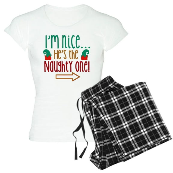 CafePress - Im Nice Hes Naughty Elf Hat Women's Light Pajamas - Women's Short Sleeve Print T-Shirt and Pants Light Cotton Pajama Set