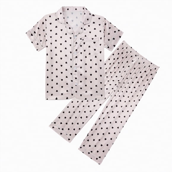 Curenmufel Girl Pajamas Girls 2-piece Loose-fit Button Down Matching Pajama Set, Soft & Cute for Kids Size 13-14 (Beige,13-14 Years)
