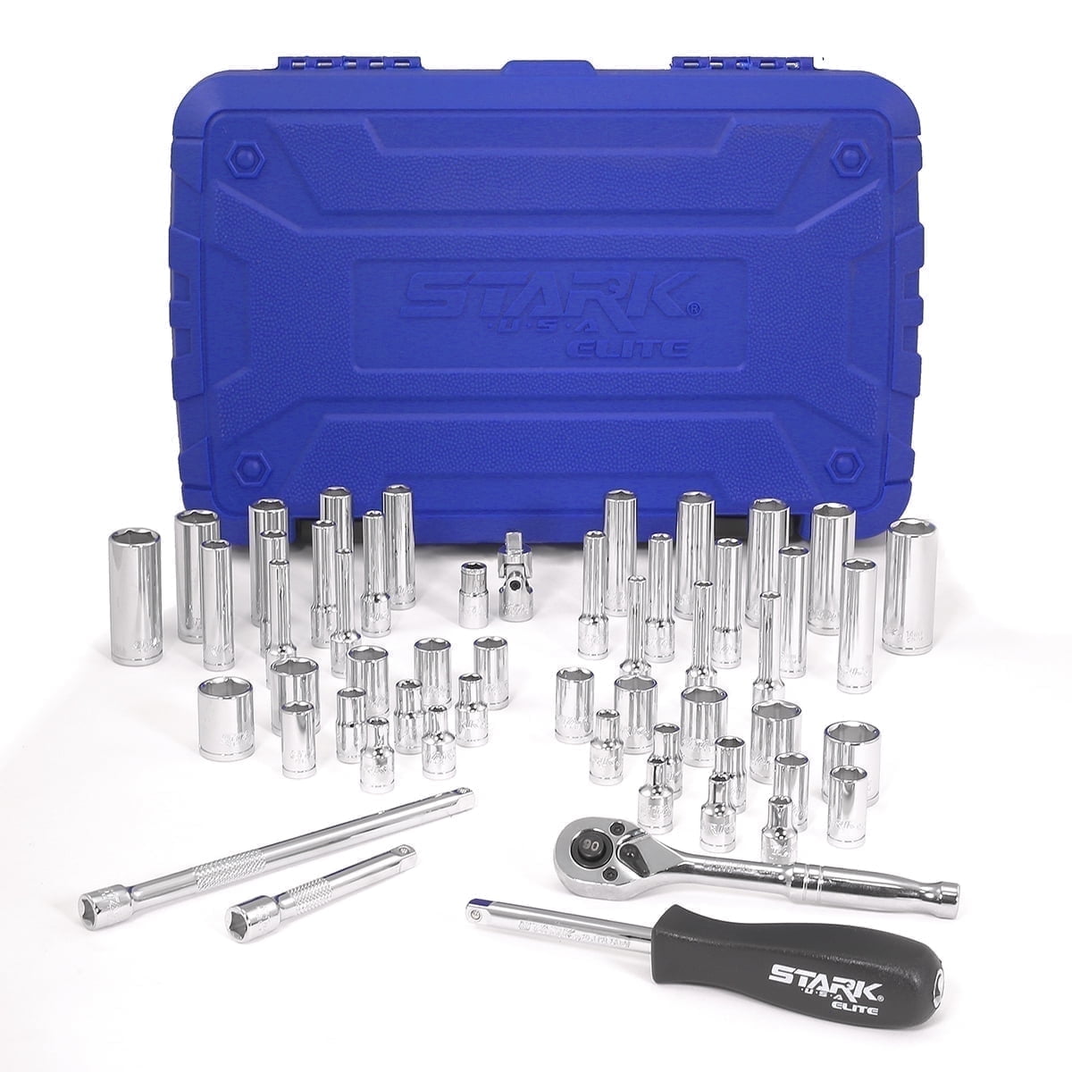Stark USA 1/4" Drive 56PC Socket Set, 6 Point, SAE & MM Combination Set, 5/32" - 9/16" 4mm - 15mm, Socket & Ratchet Wrench Set, Fully Polished CrV Steel