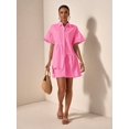thumbnail image 4 of Pink Solid Front Button Ruffle Hem Short Sleeve Shirt Dress For Women, 4 of 8