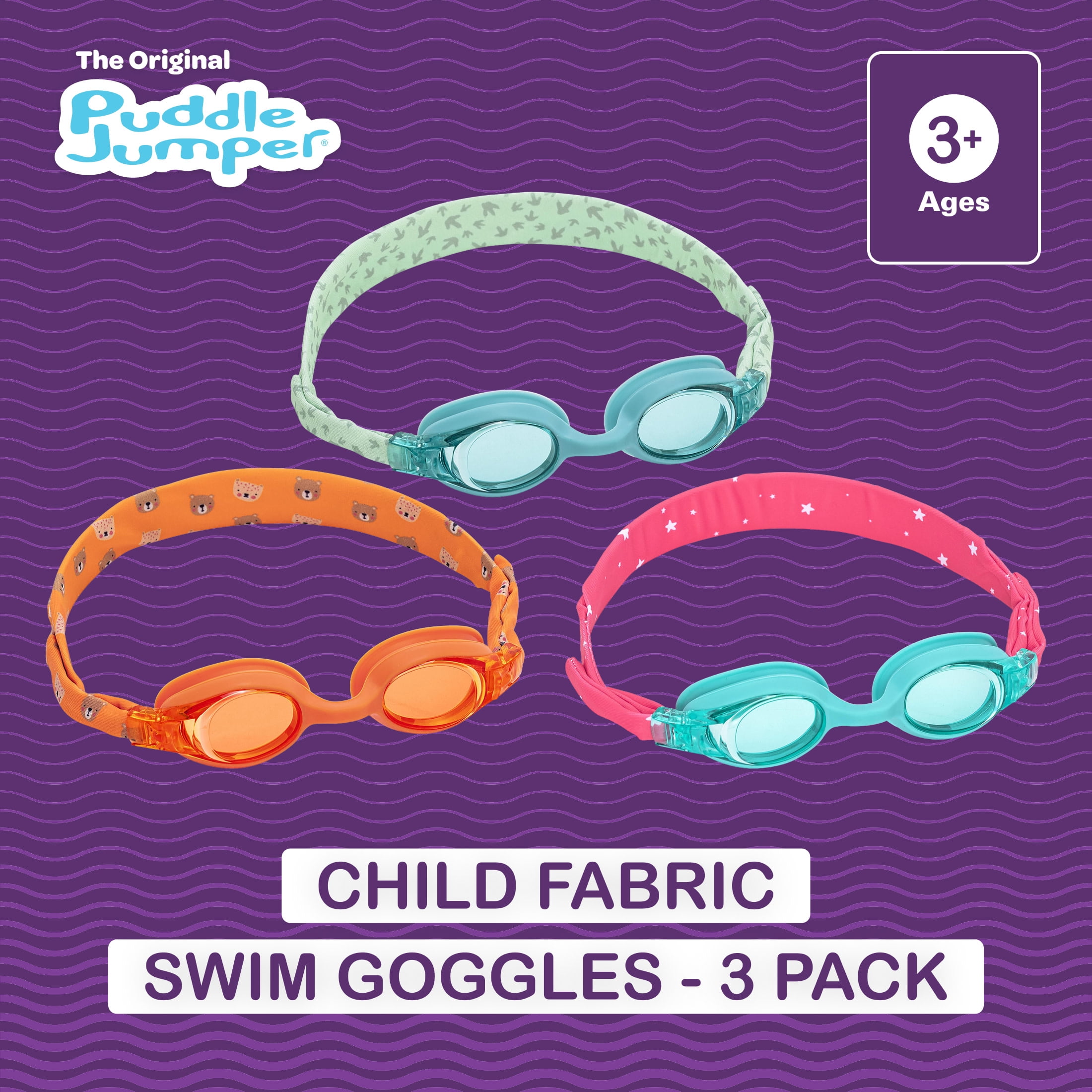 Puddle Jumper Child Fabric Swim Goggles, Non-Latex and Non-PVC, Kids Ages 3+, 3-Pack