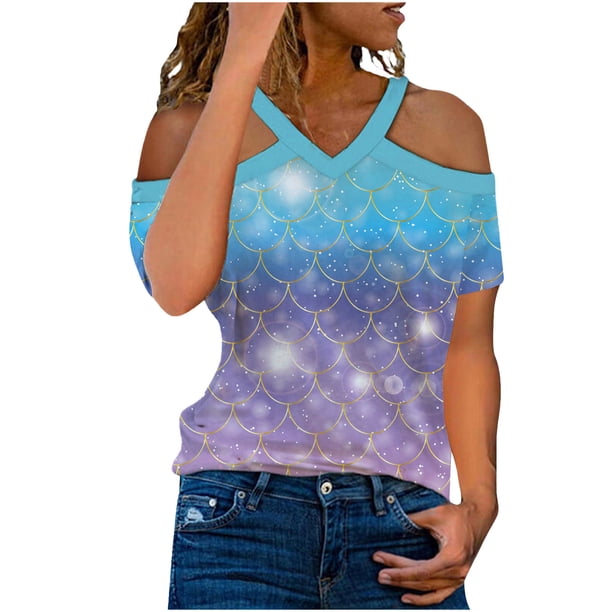 Tops con estampado de hombros descubiertos de manga corta con cuello en V para mujer Pompotops hkajfhjk466893