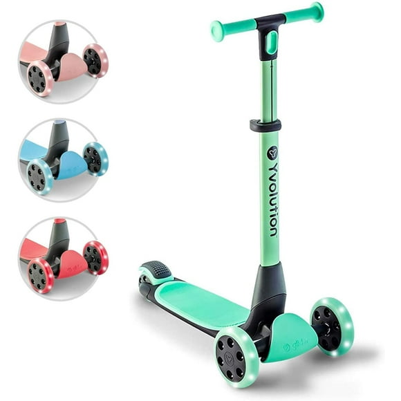 Yvolution Green Glider Nua Kids 3 Wheel Scooter, Foldable, LED Wheels, Adjustable Handlebar, for Boys and Girls Ages 3 to 10 Years Old